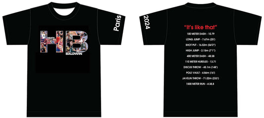 Signature HB Black T-shirt showing Heath's Decathalon Events!